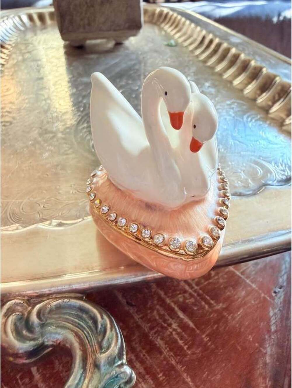 Vintage Swan Heart Trinket Box with Rhinestones